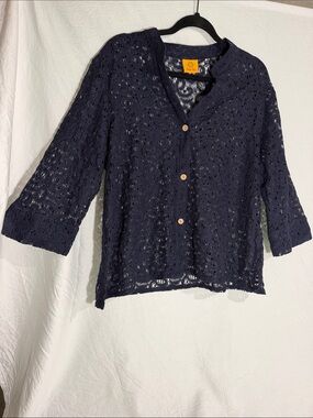 Ruby Rd. Navy Crochet Button-Front Blouse